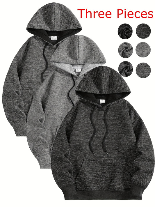 3pcs Men'S Comfortable Hooded Sweatshirts - Soft Plush Pullover with Pockets