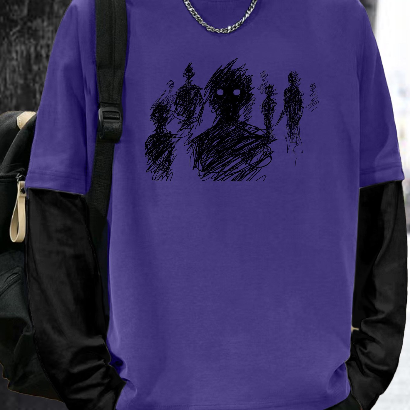 Color Matching Fake Two Men's Casual Loose Long-sleeved - Line Figure Printing T-shirts