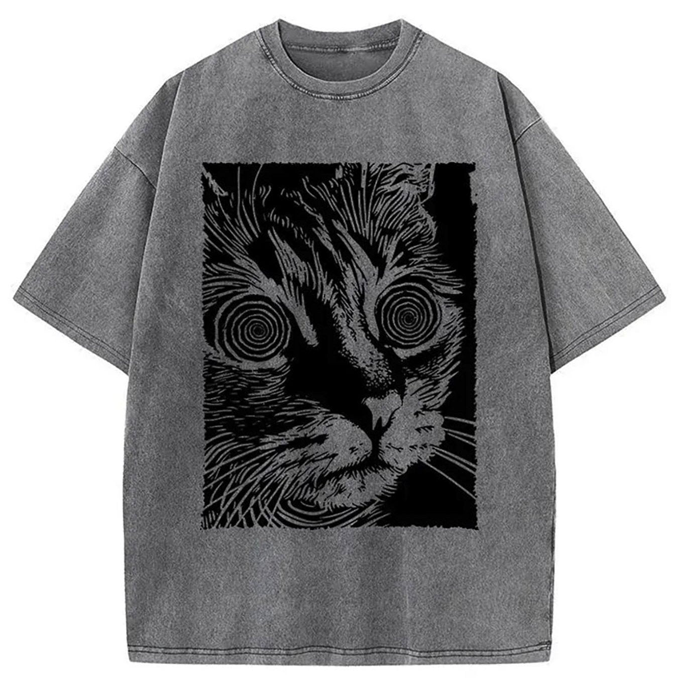 1pc, Vintage-Inspired Surprised Kitten Print T-Shirt, High-Quality Waxed Cotton, Relaxed Fit, Short Sleeve, Round Neck