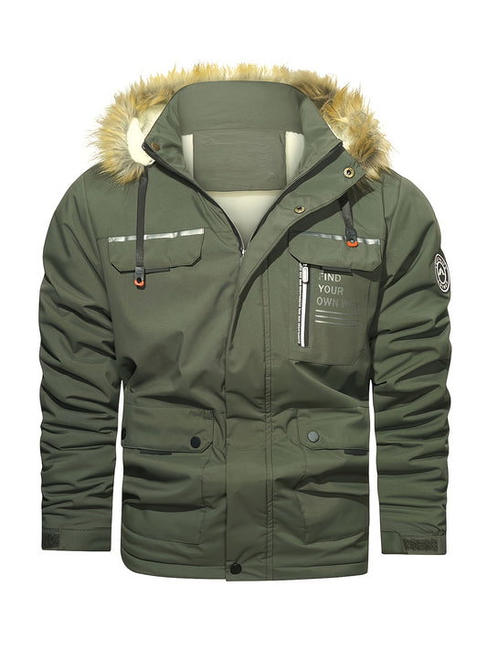 Men'S Winter Hooded Jacket with Fleece Lining - Thickened Zip-Up Coat, Multiple Pockets