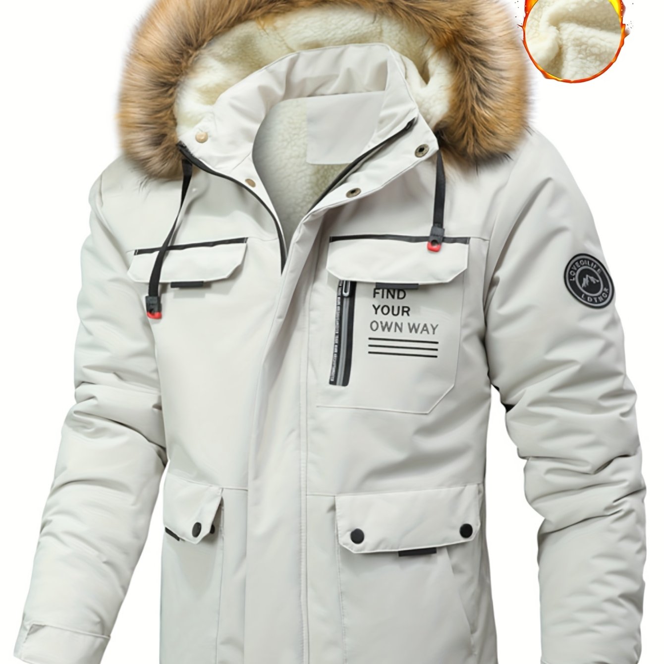 Men'S Winter Hooded Jacket with Fleece Lining - Thickened Zip-Up Coat, Multiple Pockets