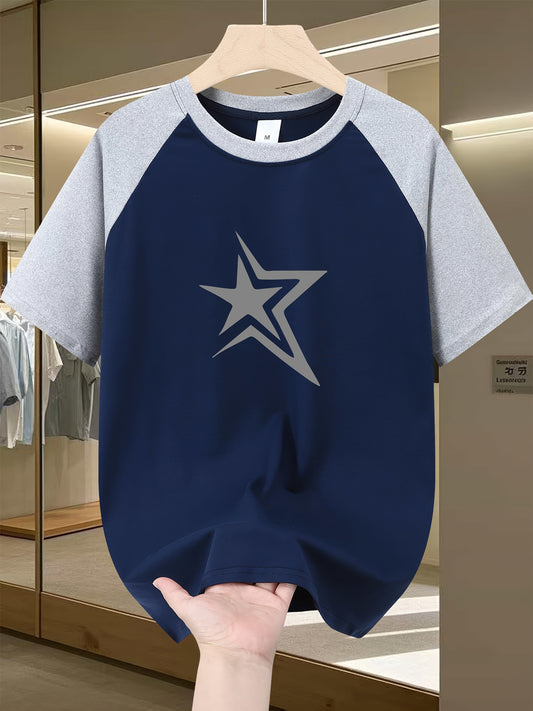 Men'S Casual Crew Neck T-Shirt with Star Graphic, Short Sleeve, Regular Fit, Slight Stretch Fabric, Summer Fashion Tee