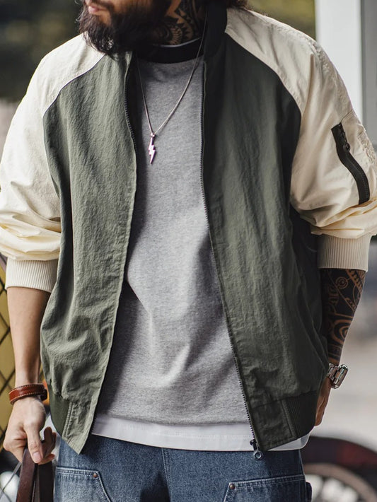 MADEN Men's Vintage MA1 Bomber Jacket - Olive Green & Contrast Zip-Up Baseball Collar