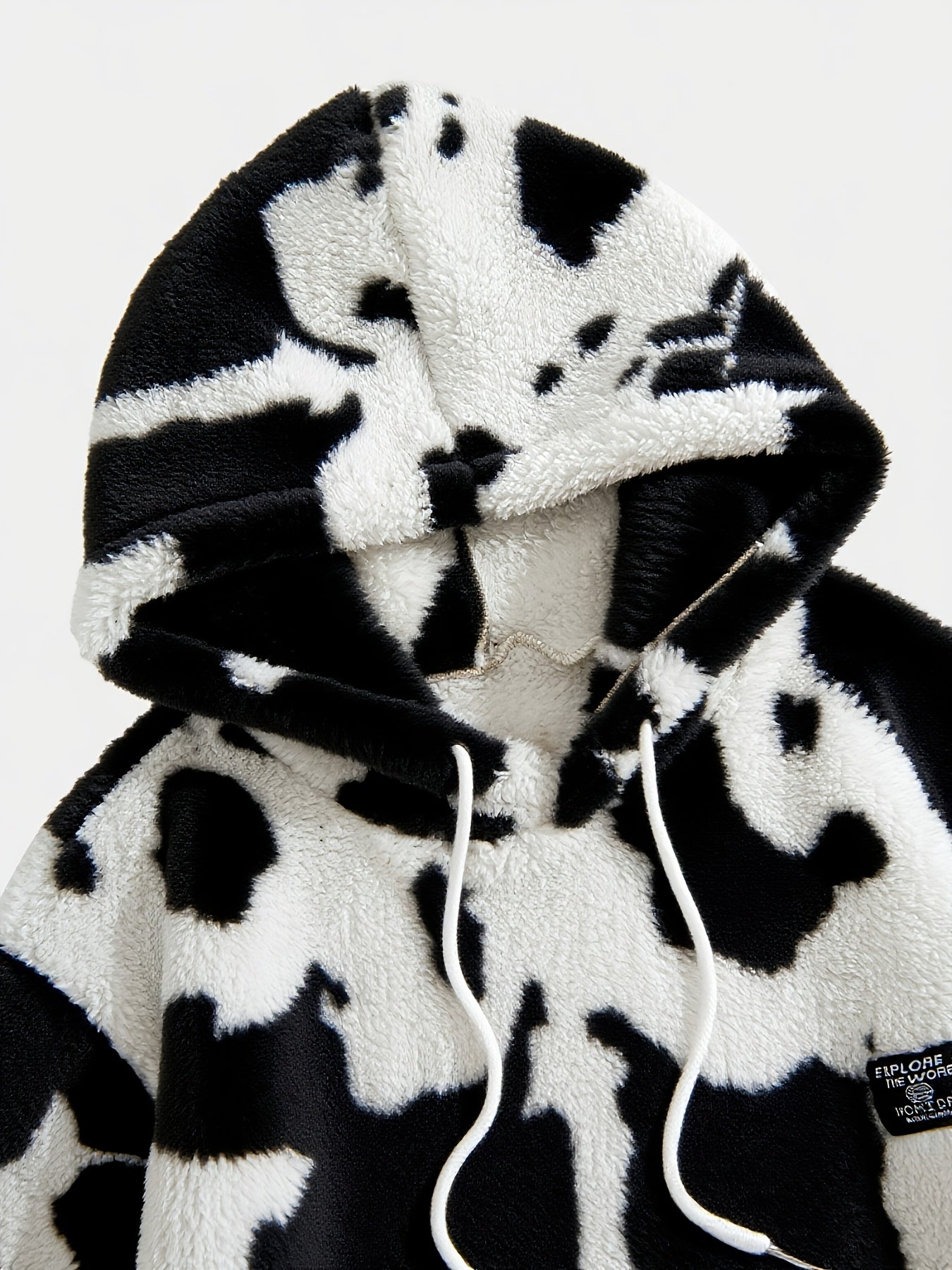 1pc Men'S Plush Hooded Sweatshirt - Soft Warm Winter Pullover with Brown & Cow Print