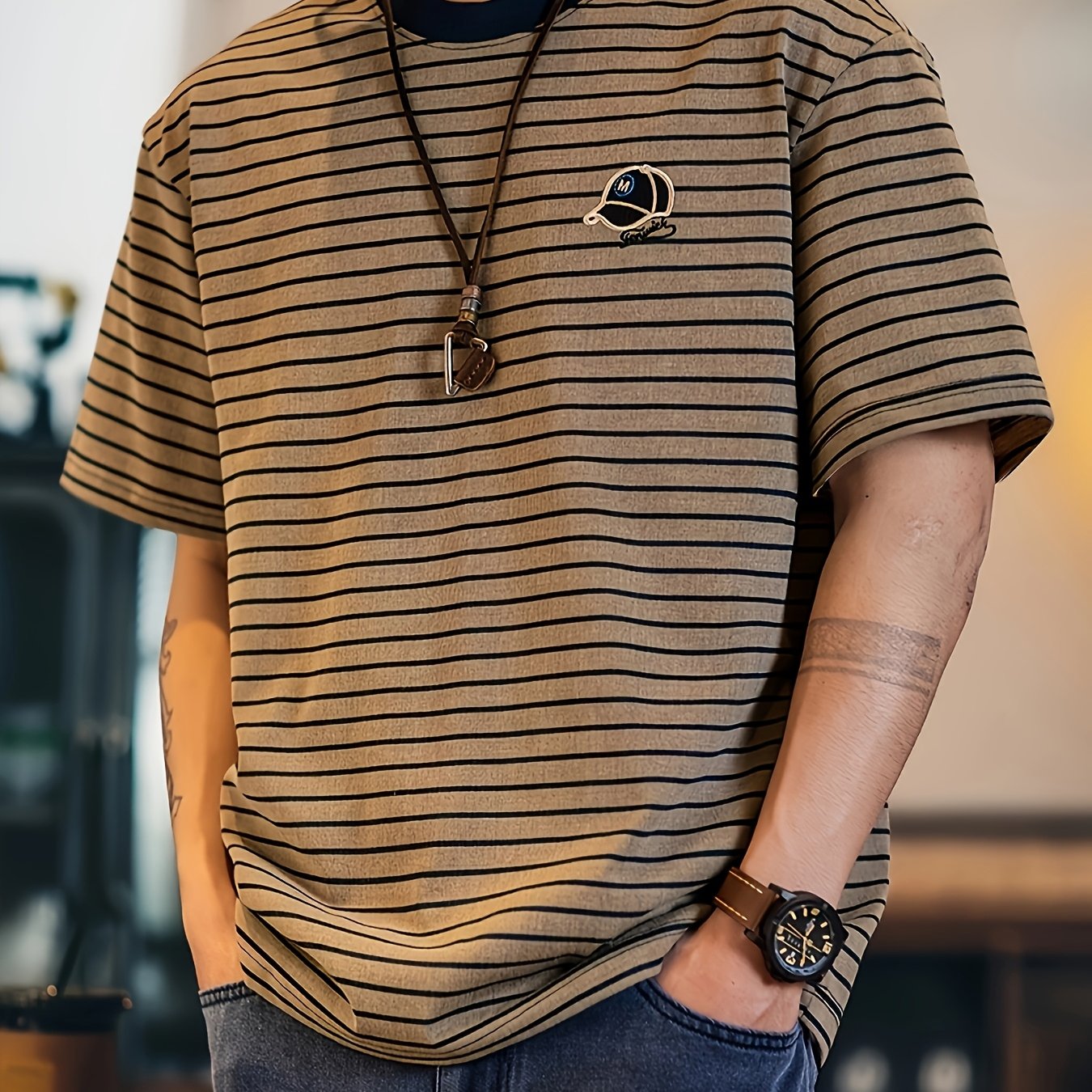 Men's Vintage Casual T-Shirt - Beige & Brown Horizontal Stripes