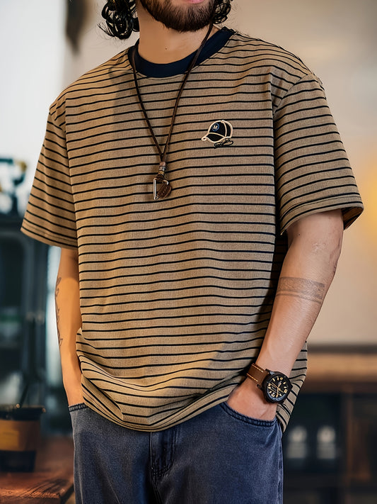 Men's Vintage Casual T-Shirt - Beige & Brown Horizontal Stripes