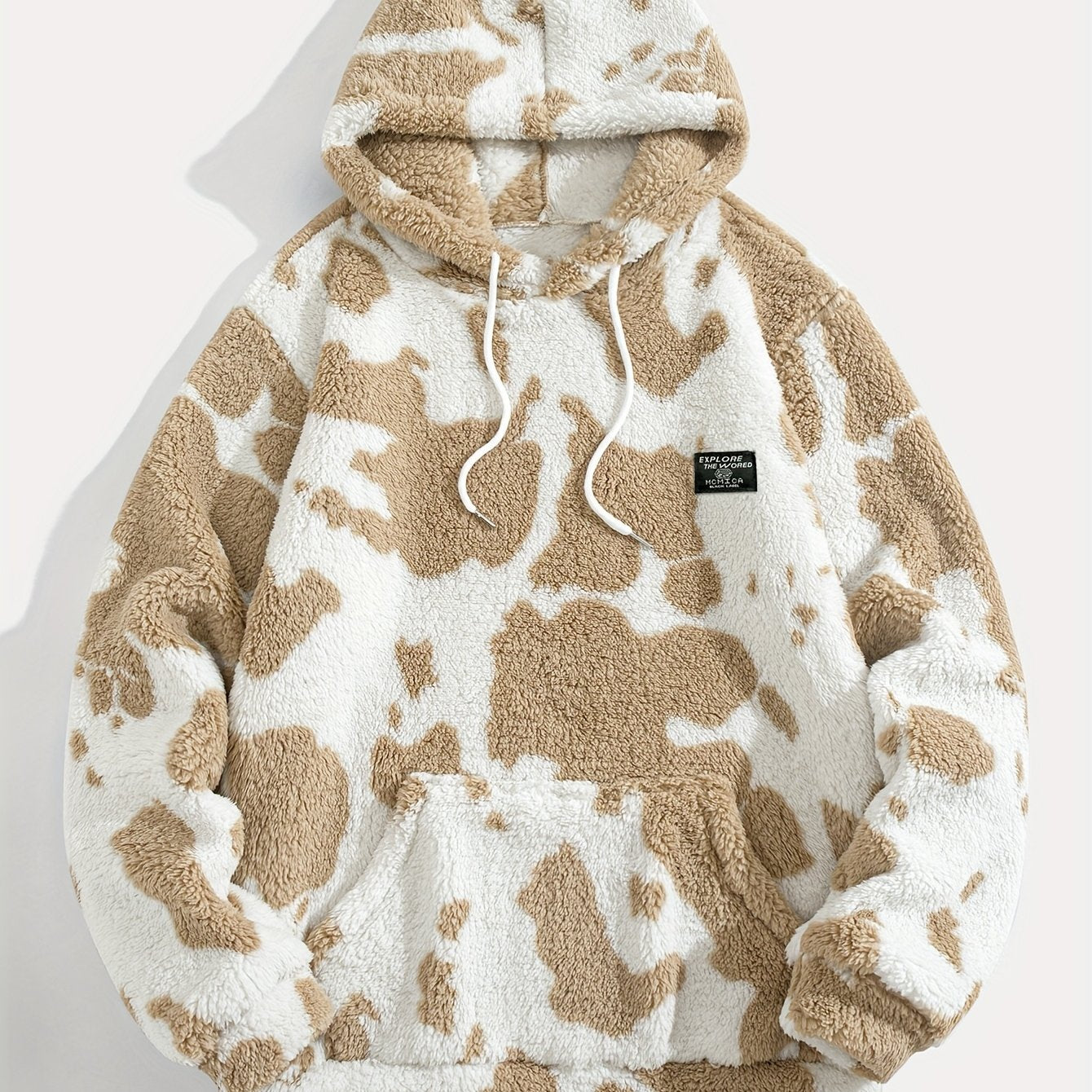 1pc Men'S Plush Hooded Sweatshirt - Soft Warm Winter Pullover with Brown & Cow Print
