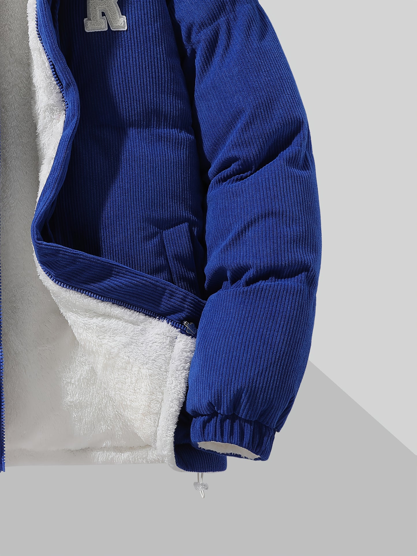 Men's Reversible Winter Jacket with Fleece Lining - Two-Sided Full-Zip Coat, Stand Collar & Logo Patch (R)
