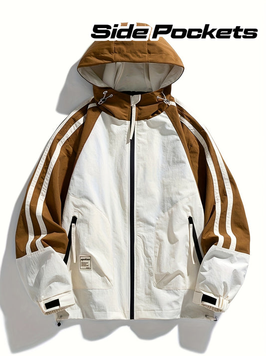 Polyester Hooded Jacket Polyester Men's Casual Hooded Jacket | Color-Block Design, Loose Fit