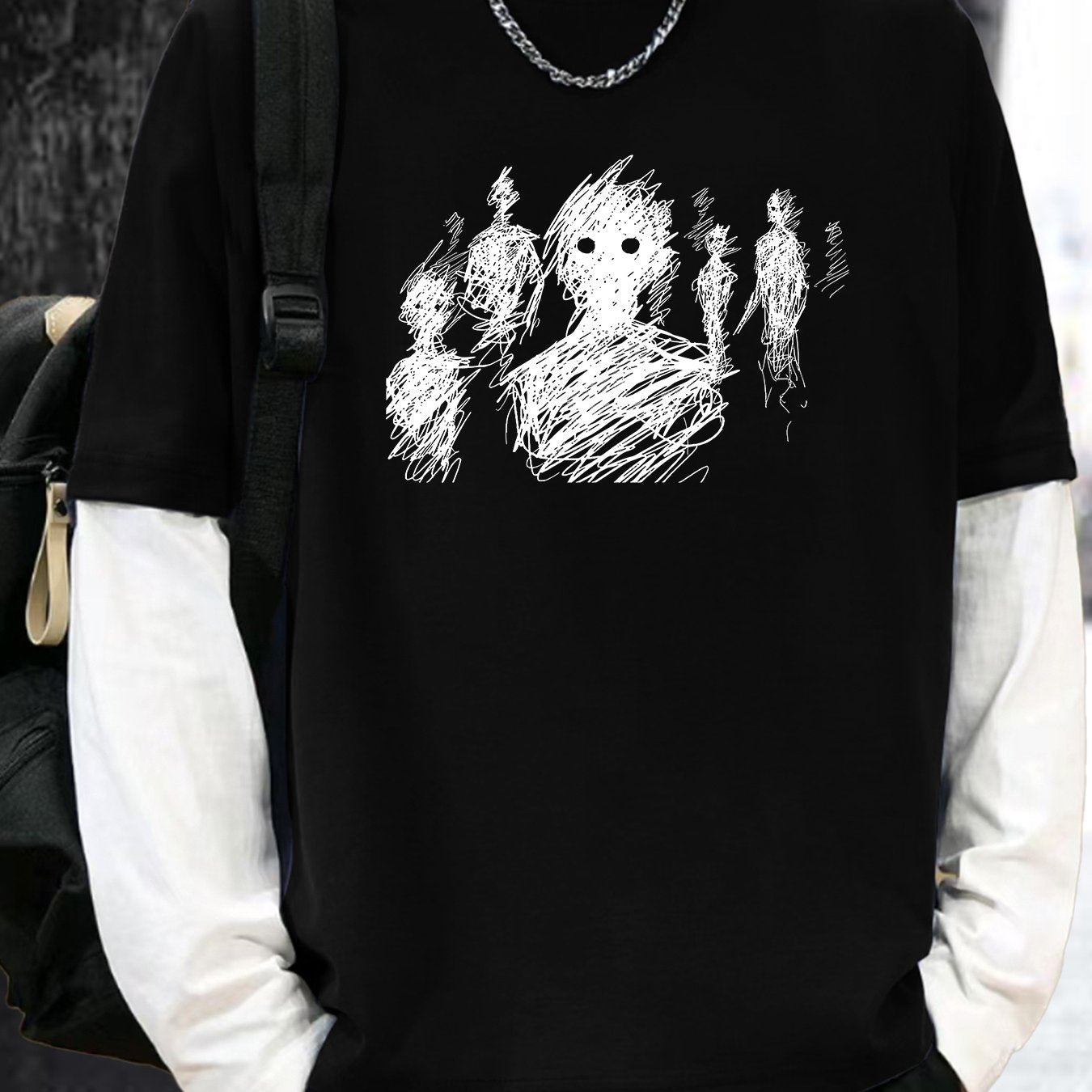 Color Matching Fake Two Men's Casual Loose Long-sleeved - Line Figure Printing T-shirts