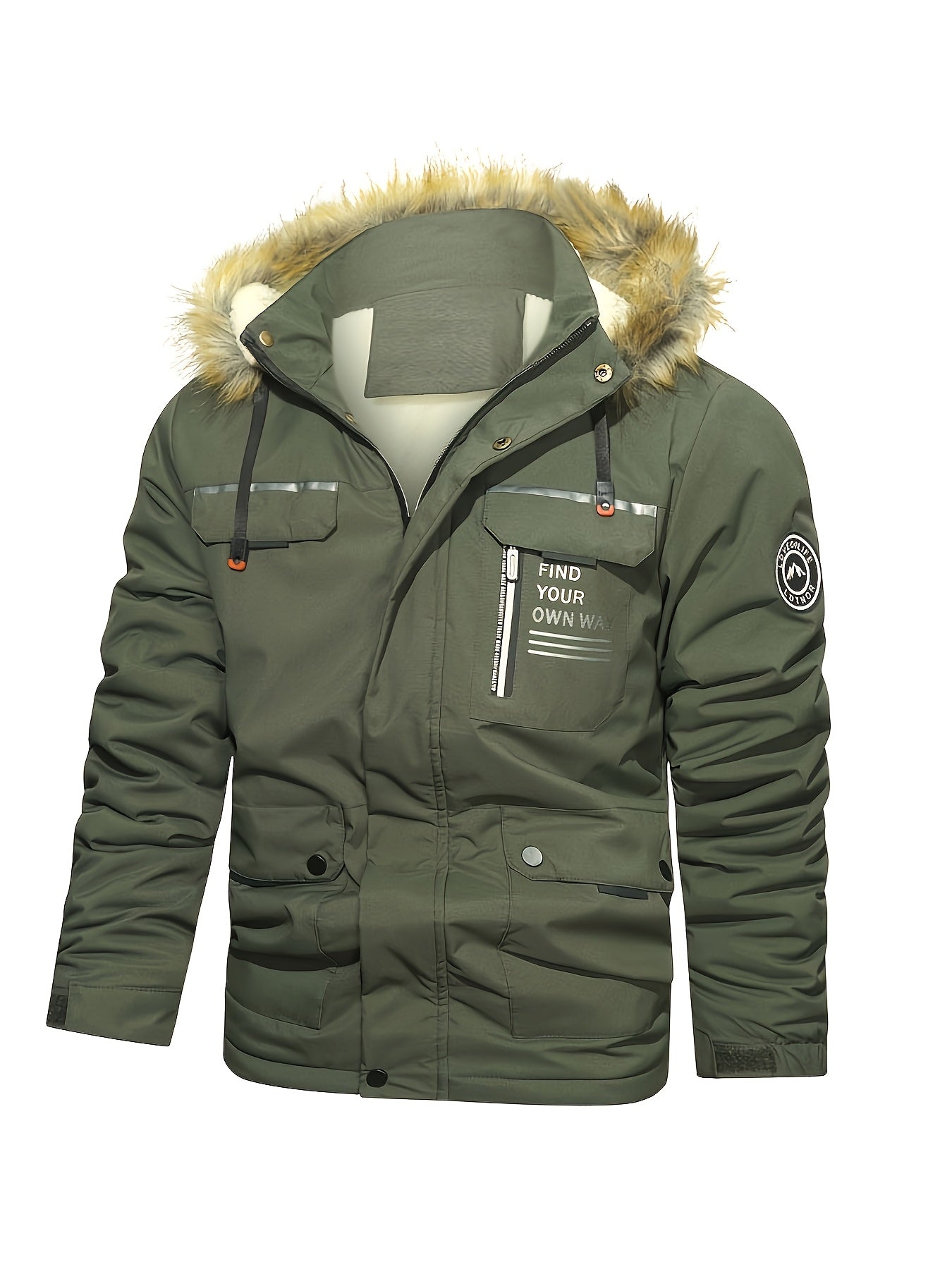 Men'S Winter Hooded Jacket with Fleece Lining - Thickened Zip-Up Coat, Multiple Pockets
