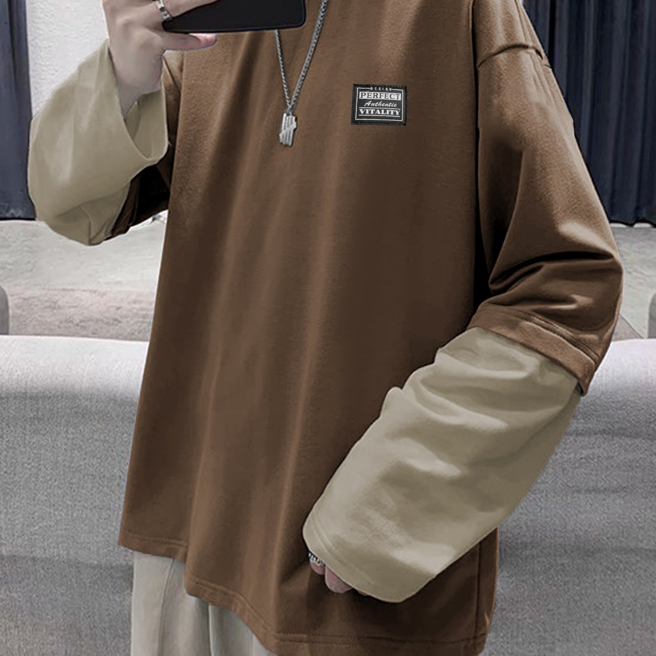 Double-Layer Long-Sleeve T-Shirt for Men, American Chapter Texture Style