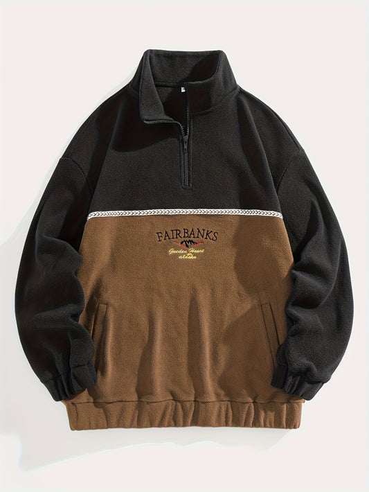 Men'S Color Block Fleece Zip-Up Hoodie with Embroidered Logo - High Neck, Long Sleeve