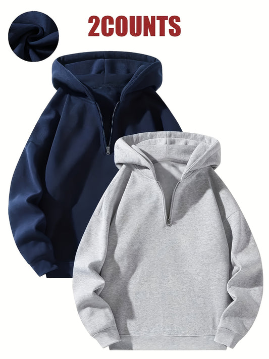 Sporty Sweatshirts 2pcs Sporty Comfortable Fleece-Lined Half-Zip Hooded Sweatshirts