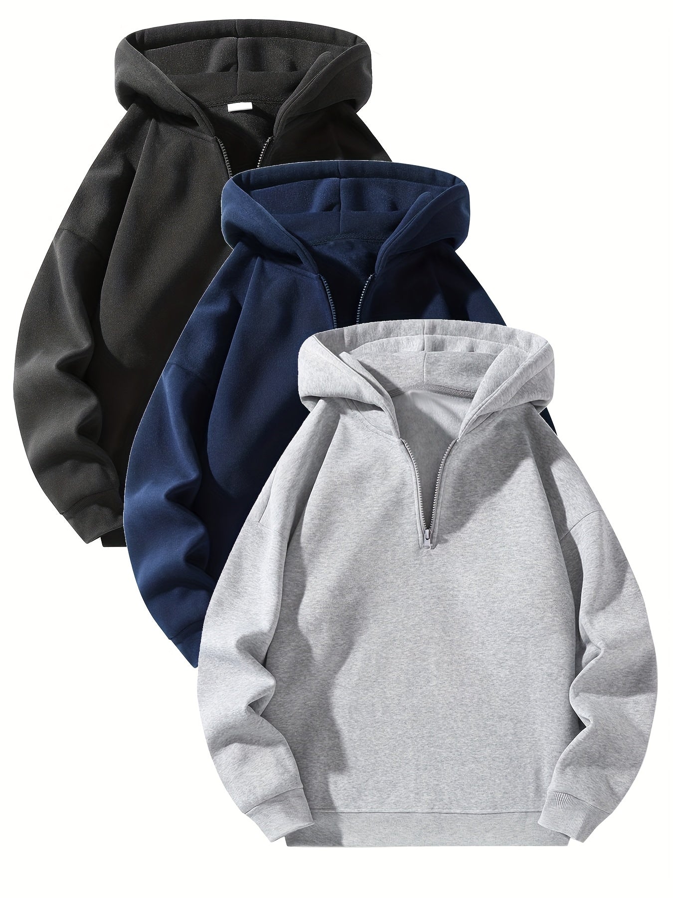 3pcs Fleece Hoodies 3pcs Men's Fleece-Lined Half-Zip Hooded Sweatshirts