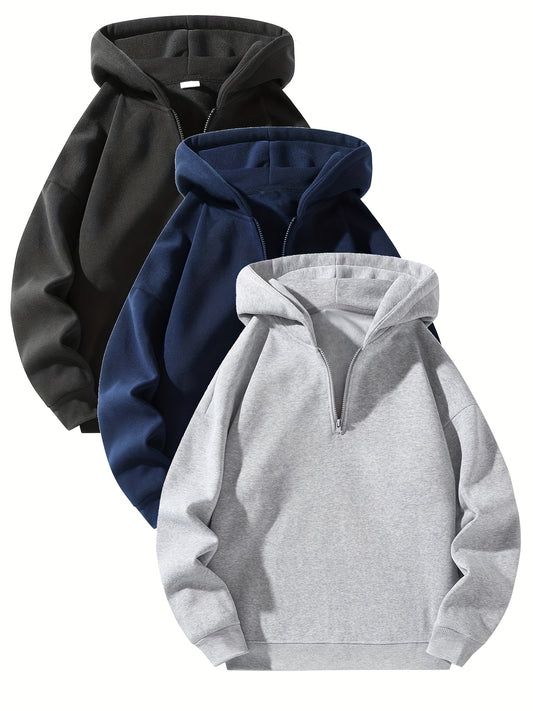3pcs Fleece Hoodies 3pcs Men's Fleece-Lined Half-Zip Hooded Sweatshirts