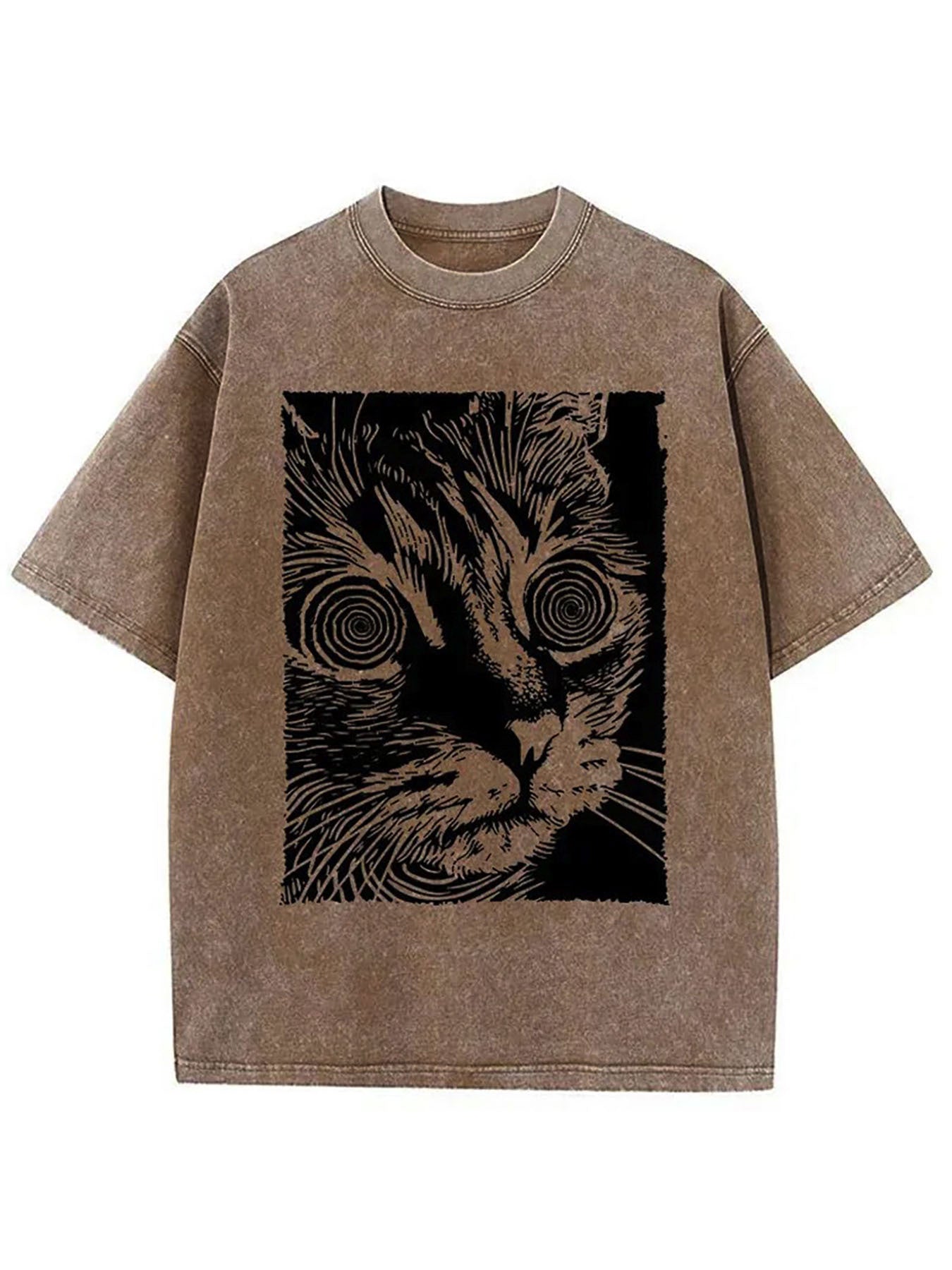 1pc, Vintage-Inspired Surprised Kitten Print T-Shirt, High-Quality Waxed Cotton, Relaxed Fit, Short Sleeve, Round Neck