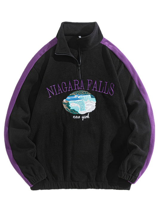 Cozy Sweatshirt Cozy Thickened Men's Niagara Falls Embroidered Fleece Zip-Up Sweatshirt