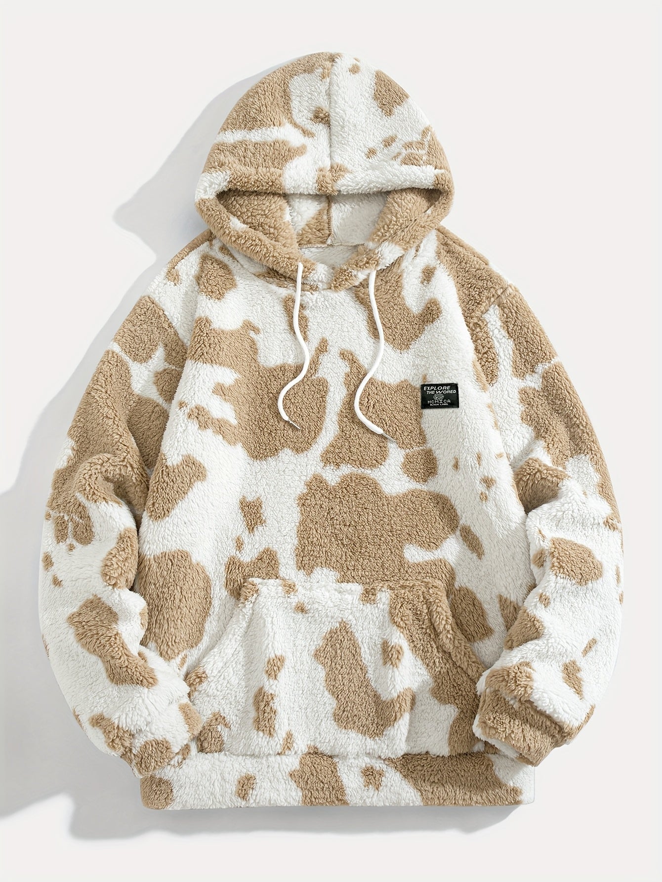 1pc Men'S Plush Hooded Sweatshirt - Soft Warm Winter Pullover with Brown & Cow Print