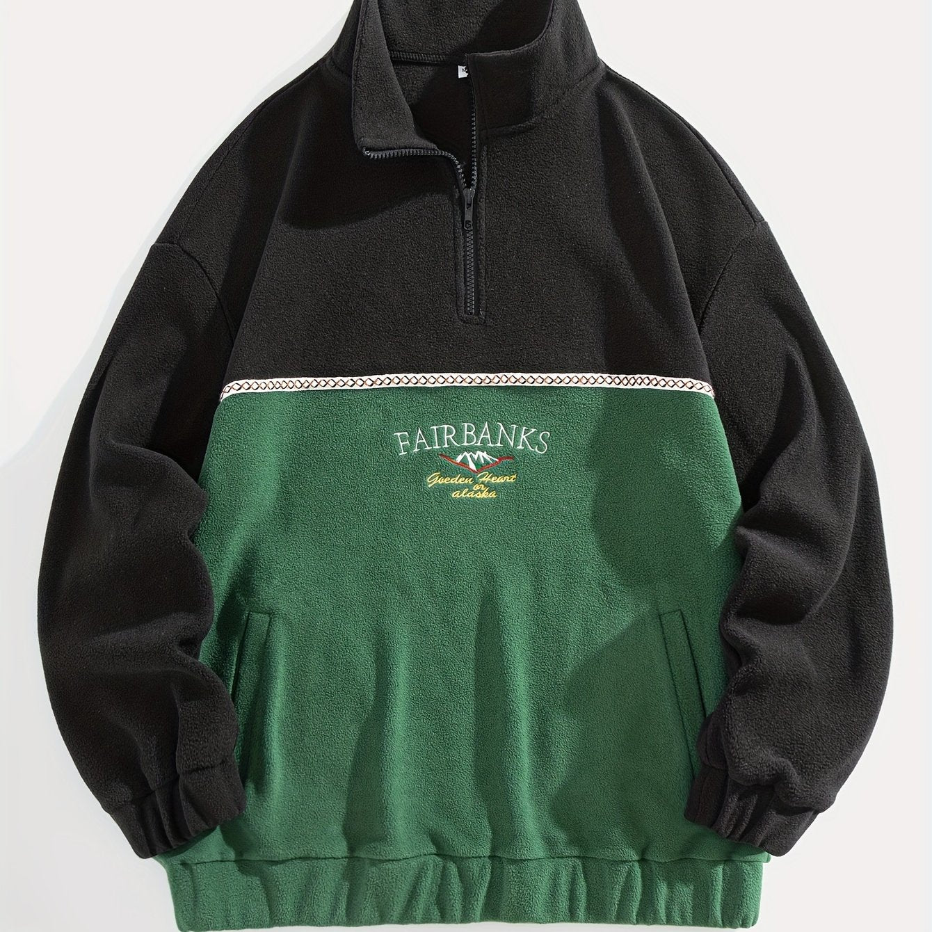 Men'S Color Block Fleece Zip-Up Hoodie with Embroidered Logo - High Neck, Long Sleeve