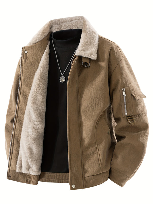 Men's Fleece Jacket with Full-Zip Closure & Fur Collar - Winter Warm Brown Coat