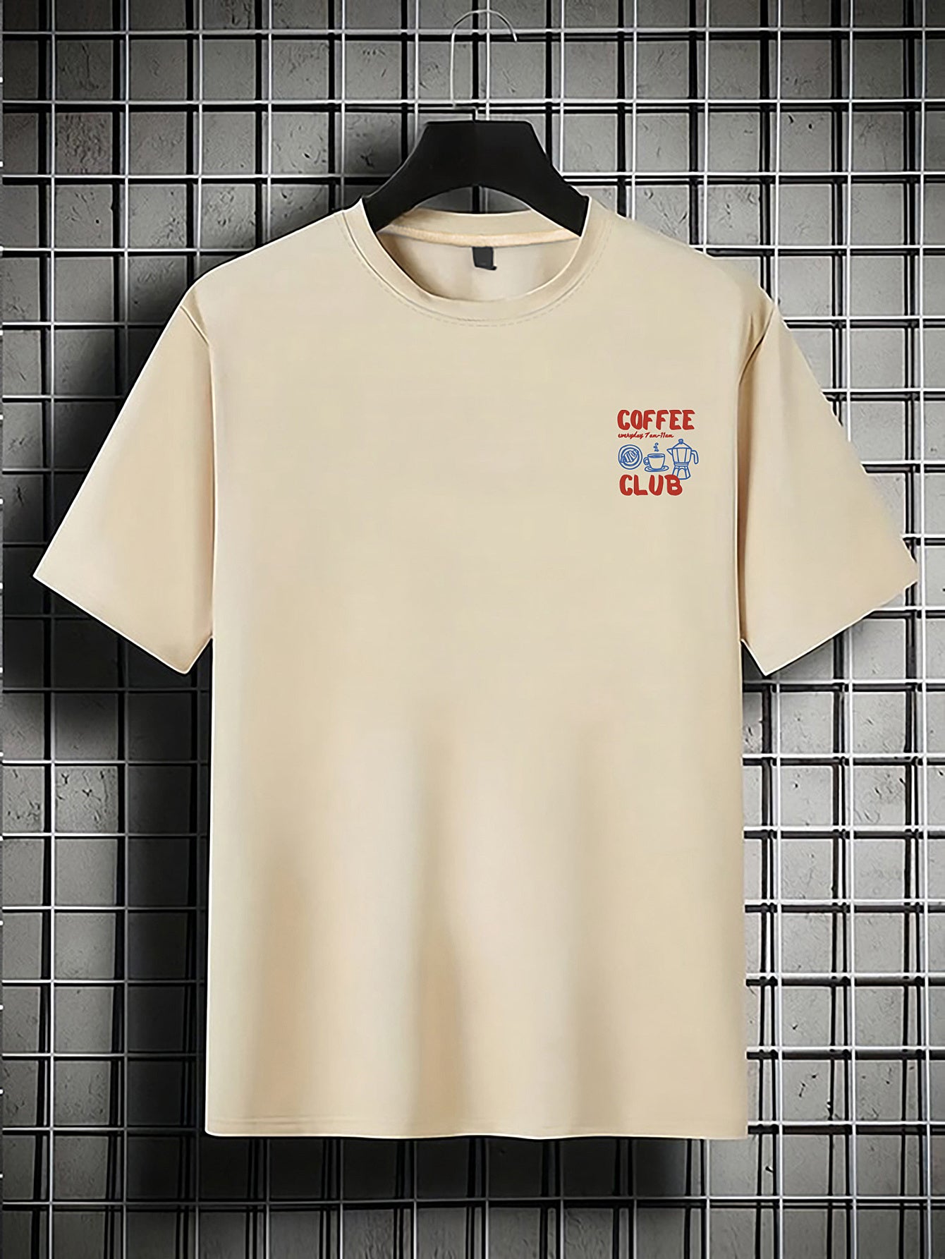 Men's short-sleeve T-shirt, 100% polyester fabric, loose fit, printed with English text and teapot design