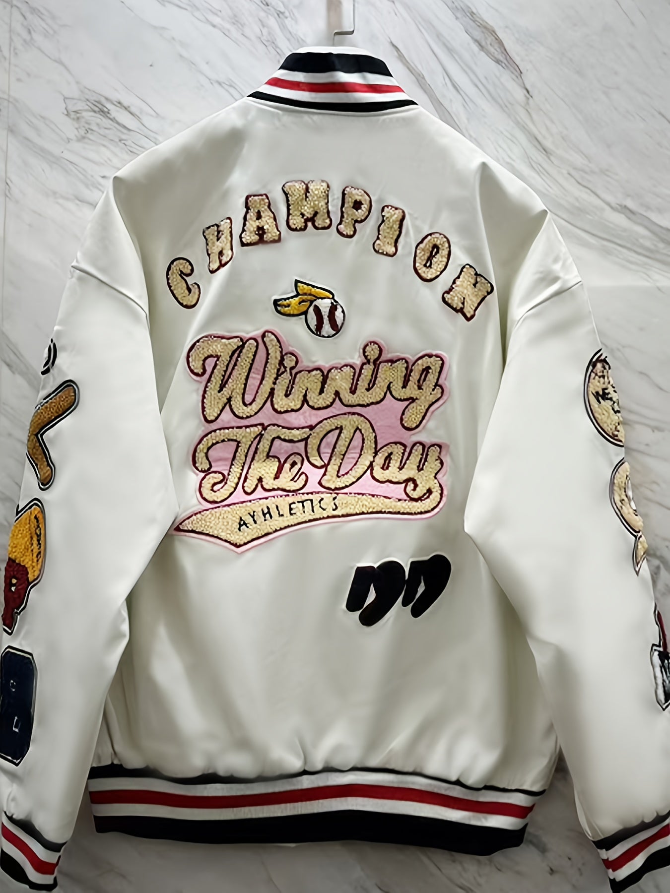 Men'S Embroidered Baseball Jacket, Casual Faux Leather with Polyester Lining, Stand Collar