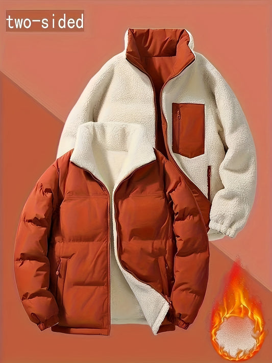 Reversible Winter Jacket - Double-Sided Plush Coat with White & Brown Hides