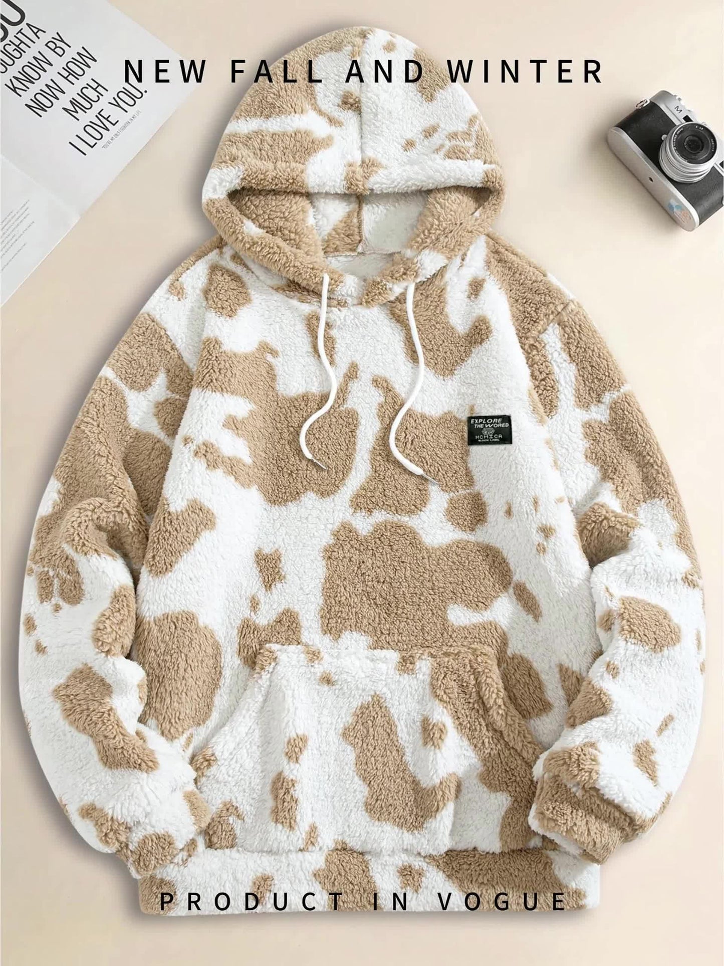 1pc Men'S Plush Hooded Sweatshirt - Soft Warm Winter Pullover with Brown & Cow Print