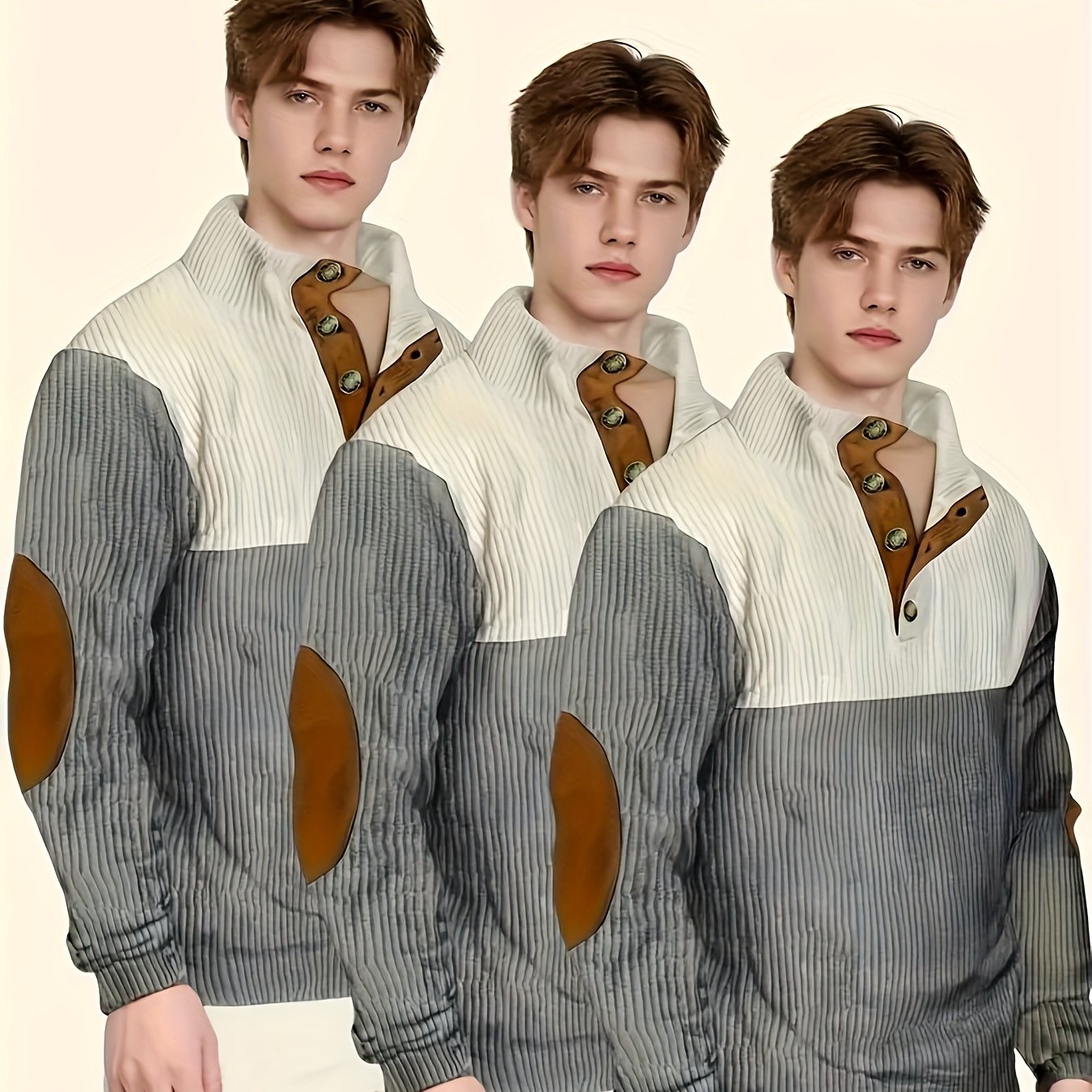 3pcs Retro Color Block Fashion Hoodie - Men'S Casual V-neck Men'S Clothing With Hoodie Top, Fashionable Outfit
