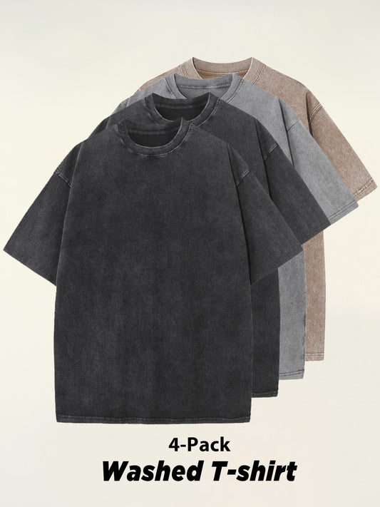 4pcs 100% Cotton Acid-Washed 230g T-Shirts - Retro Vintage Style