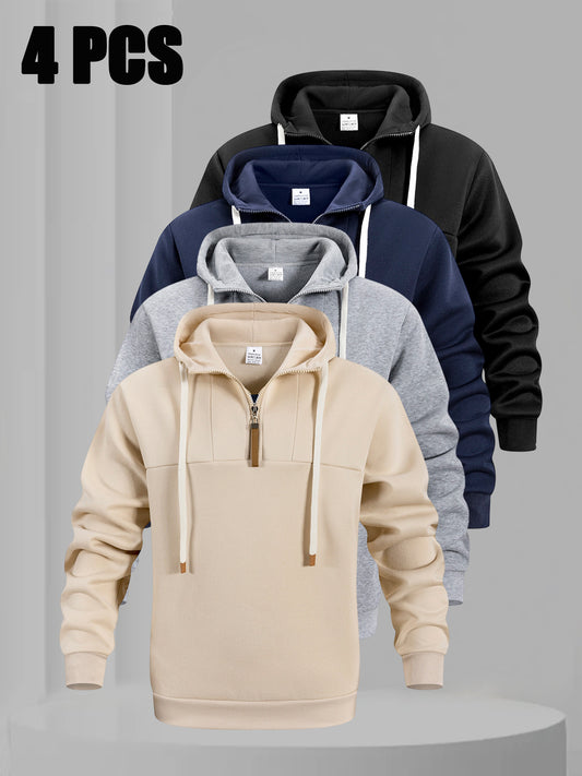 4pcs Men's Casual Patchwork Hooded Pullover Sweatshirt
