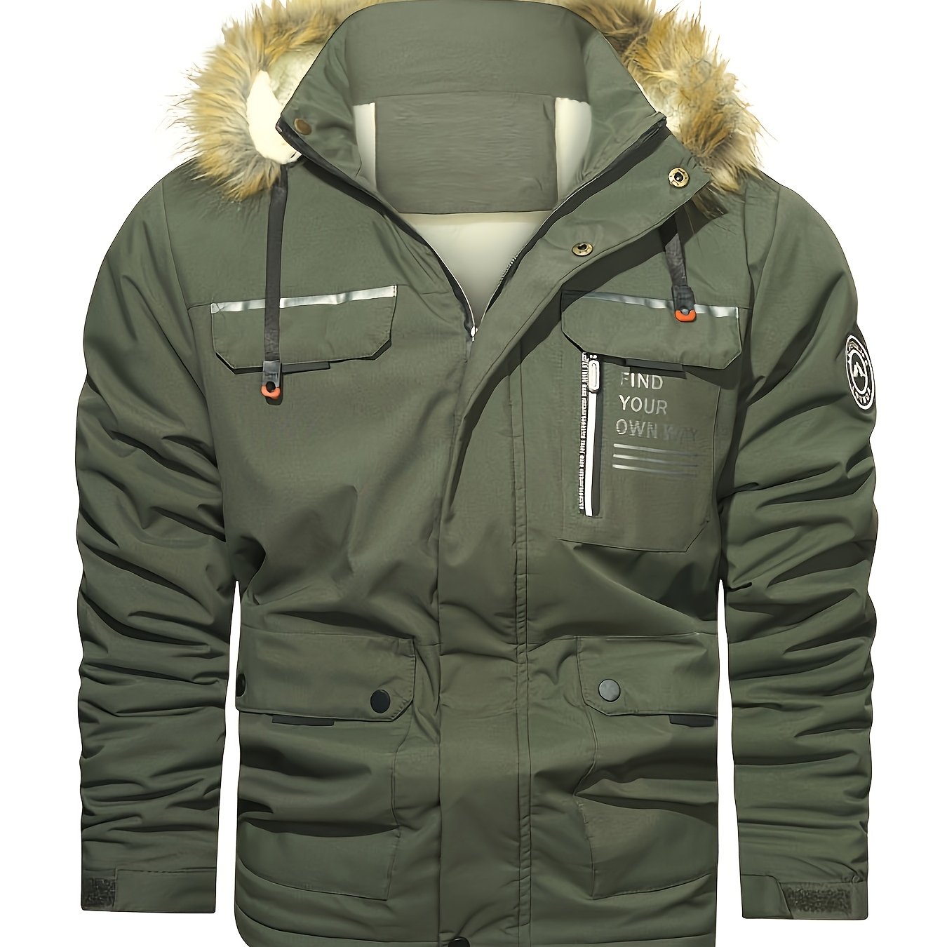 Men'S Winter Hooded Jacket with Fleece Lining - Thickened Zip-Up Coat, Multiple Pockets