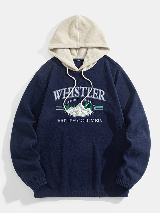 1pc Whistler British Columbia Embroidered Preppy Hoodie for Men - Thick Fleece