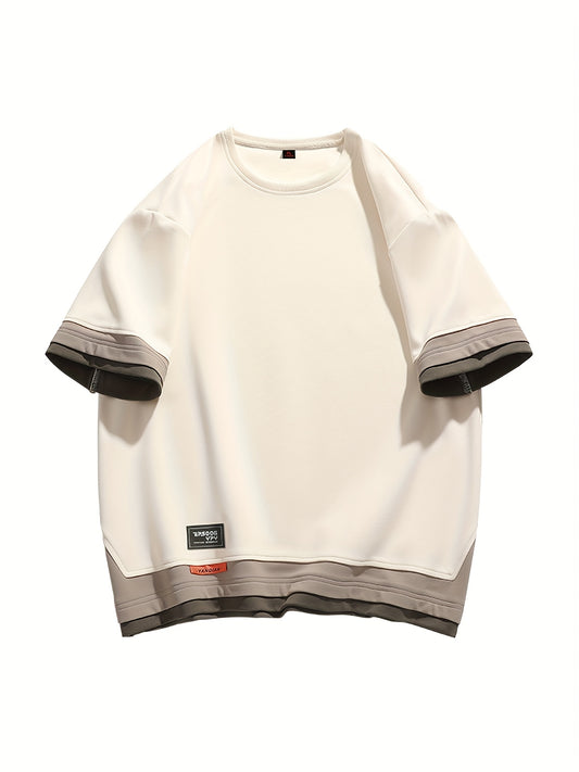 Men's Summer Short Sleeve T-Shirt - Color-Block Half-Zip Design, 100% Polyester Lightweight 100gsm