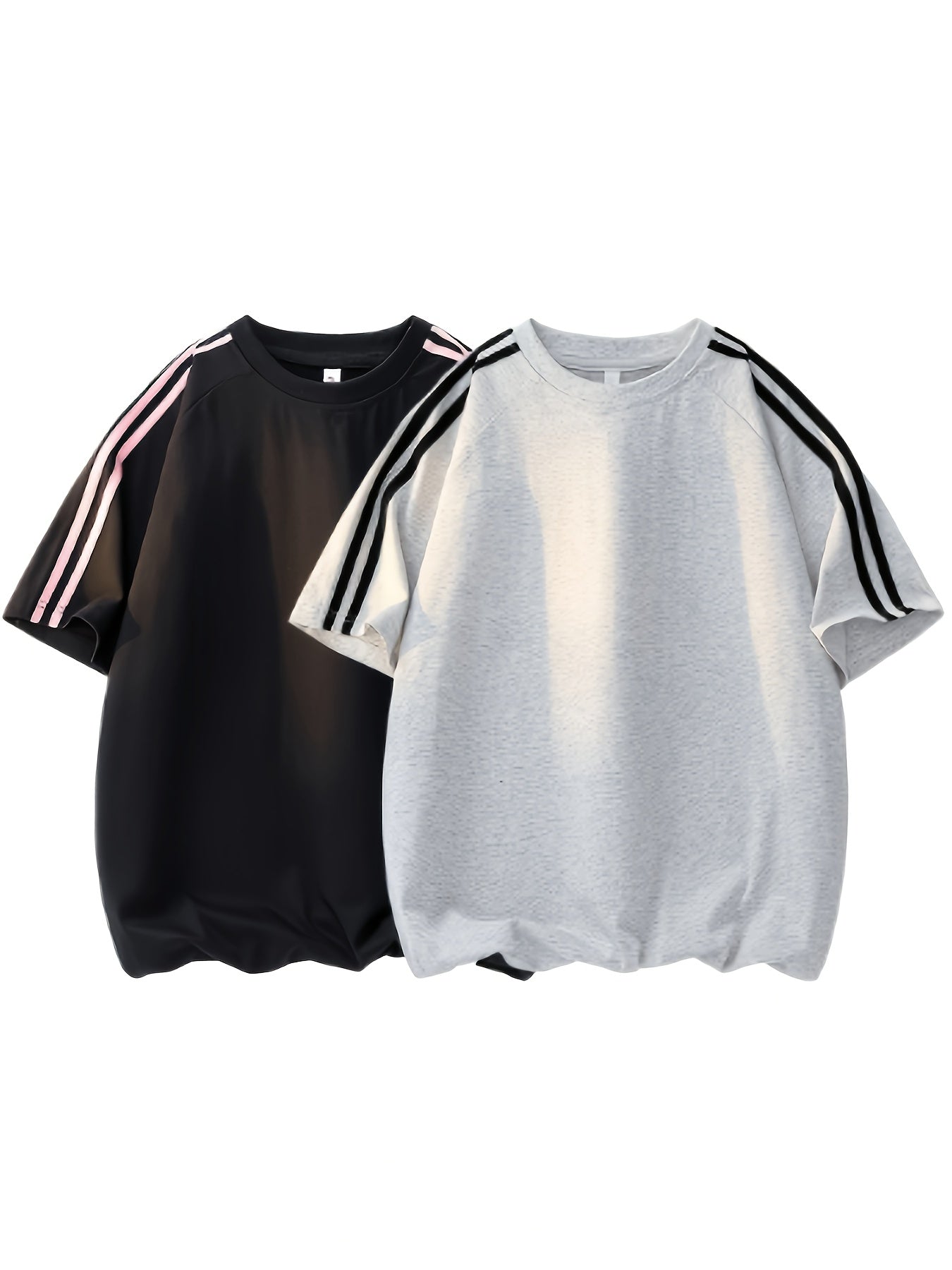 2pcs Men'S & Women'S Short Sleeve T-Shirts with Side Stripes - Comfortable Lightweight Polyester