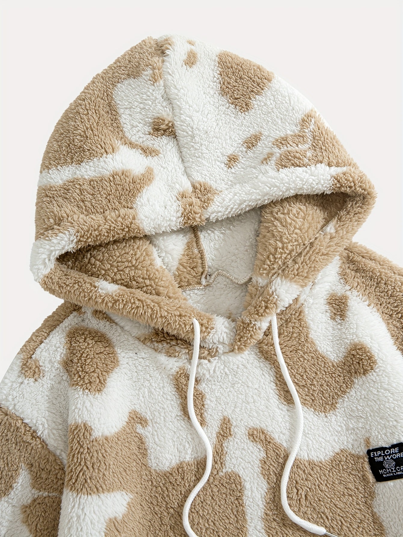1pc Men'S Plush Hooded Sweatshirt - Soft Warm Winter Pullover with Brown & Cow Print