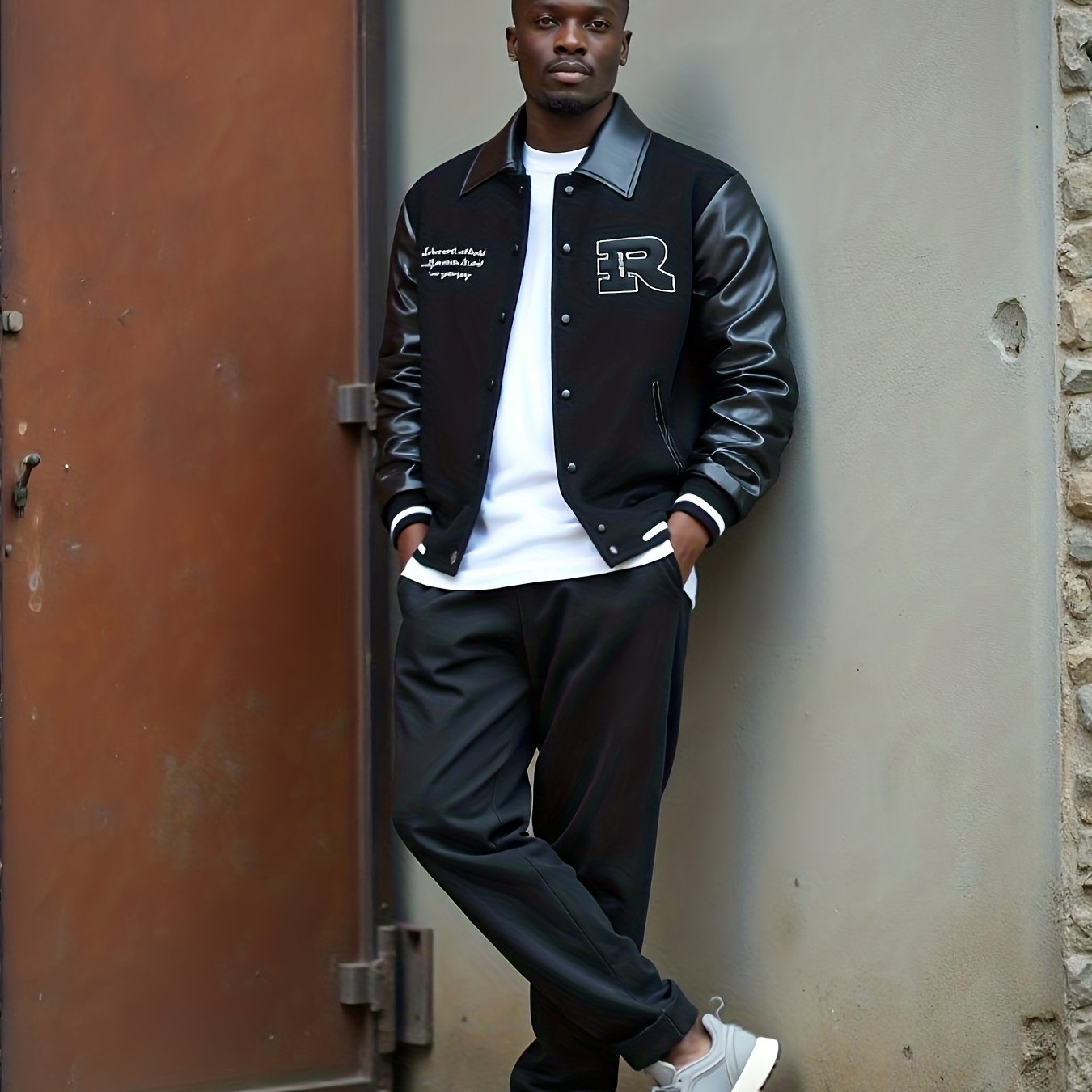 2025 Autumn Winter Men'S Black Baseball Jacket - High Street Embroidery, R Letter Patch