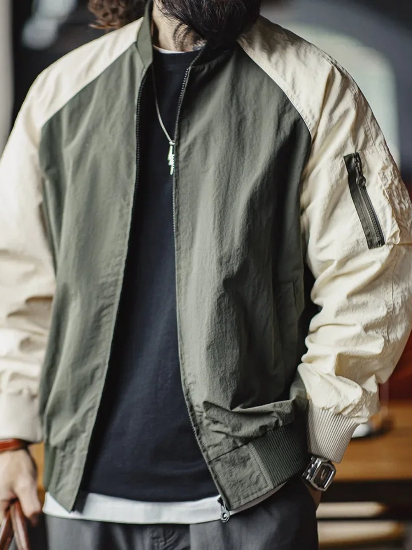 MADEN Men's Vintage MA1 Bomber Jacket - Olive Green & Contrast Zip-Up Baseball Collar