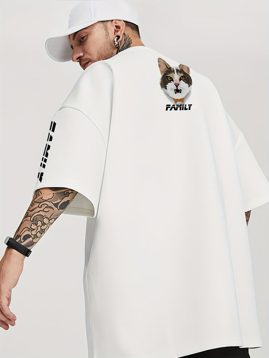 Fierce Cute Cat Graphic T-Shirt for Men - SANSYAS Brand, Loose Fit Casual Crew Neck Short Sleeve Tee with Bold Cat Design