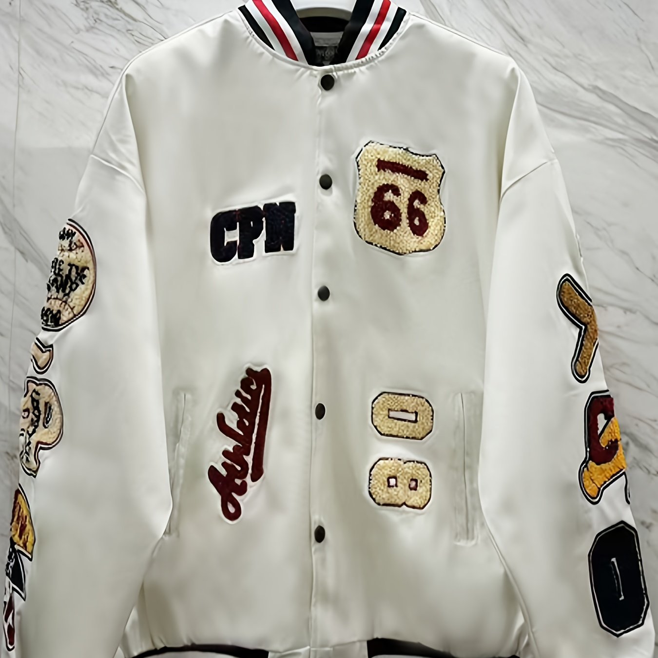 Men'S Embroidered Baseball Jacket, Casual Faux Leather with Polyester Lining, Stand Collar