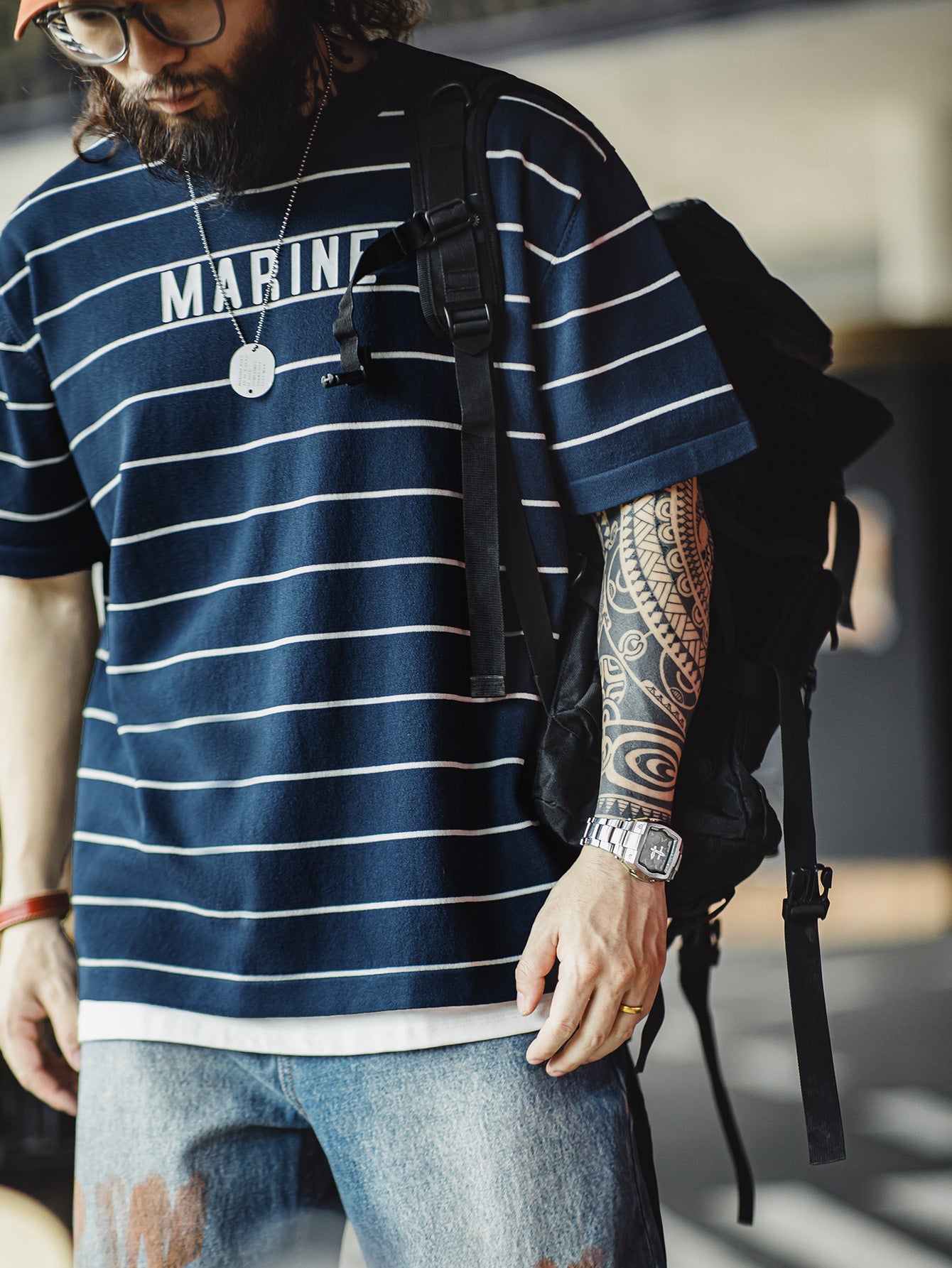 Men'S Vintage-Inspired Navy Blue & White Striped T-Shirt with \