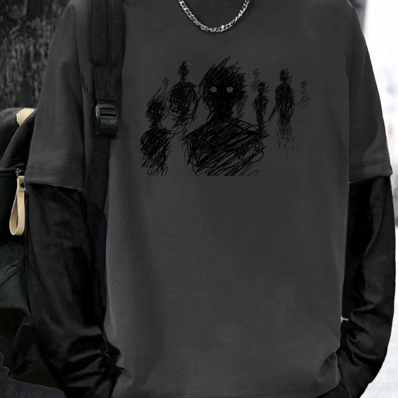 Color Matching Fake Two Men's Casual Loose Long-sleeved - Line Figure Printing T-shirts