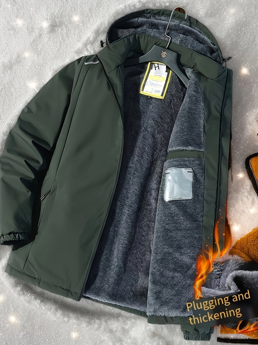 Warm Hooded Jacket Winter Warm Fleece-Lined Men's Hooded Jacket