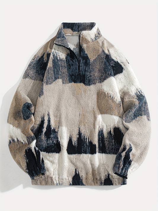 Men'S Plush Fleece-Lined Half-Zip Pullover Sweatshirt with Mountain Landscape Print - Soft Breathable Fabric