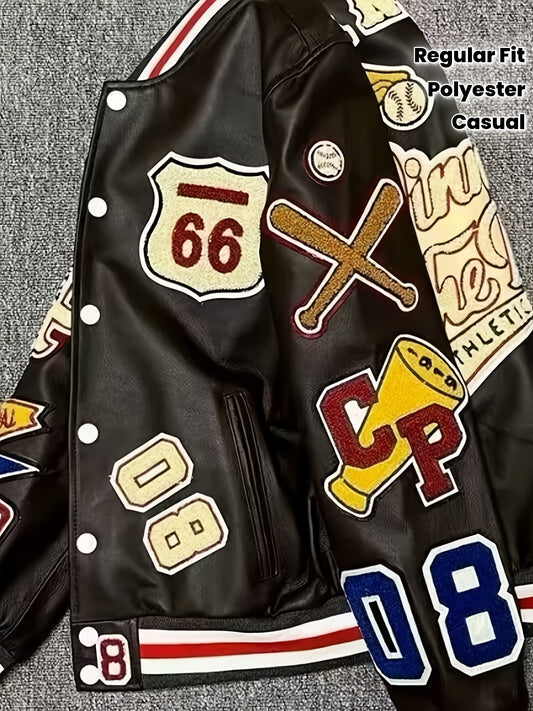 Men'S Embroidered Baseball Jacket, Casual Faux Leather with Polyester Lining, Stand Collar