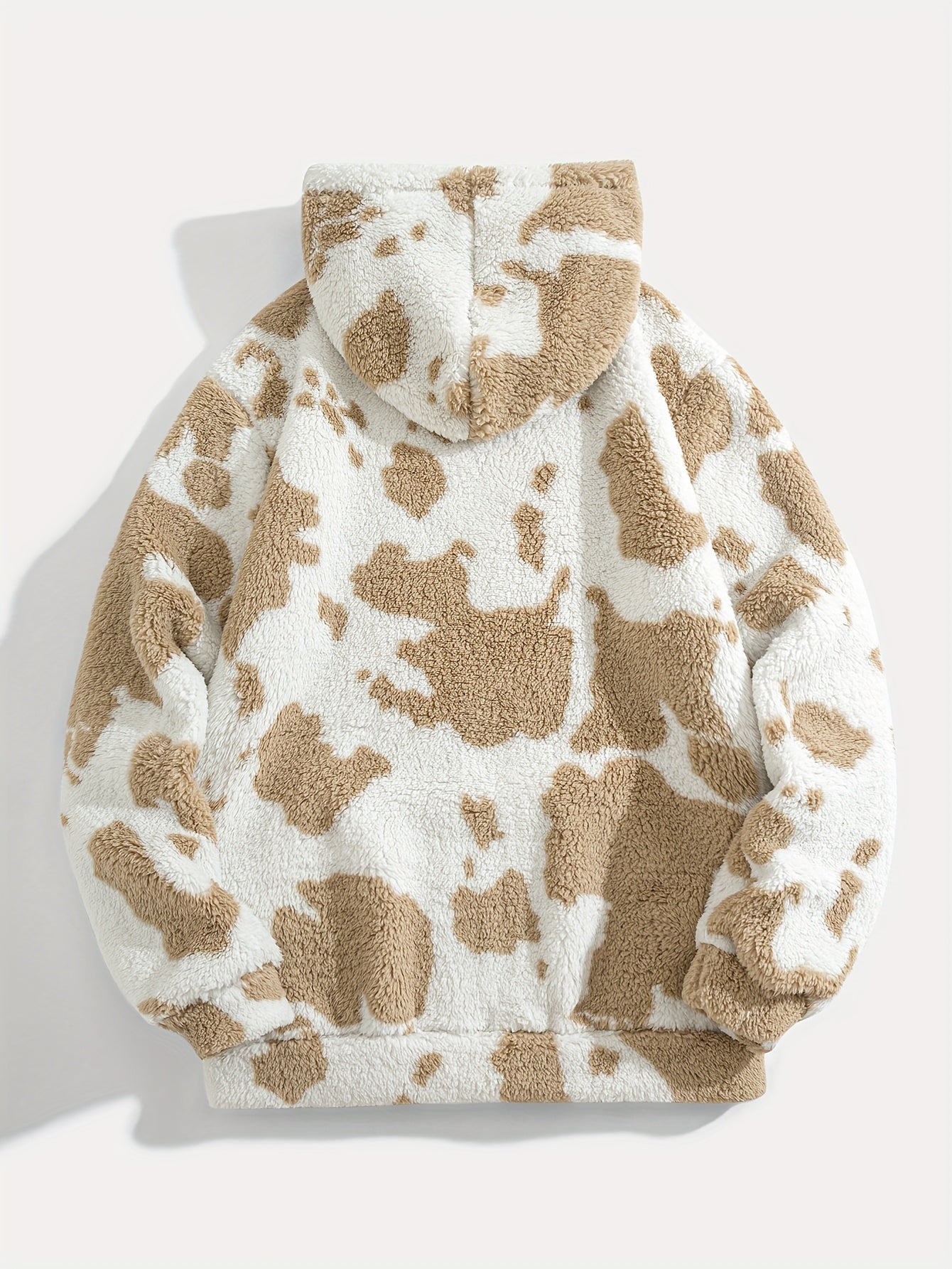 1pc Men'S Plush Hooded Sweatshirt - Soft Warm Winter Pullover with Brown & Cow Print
