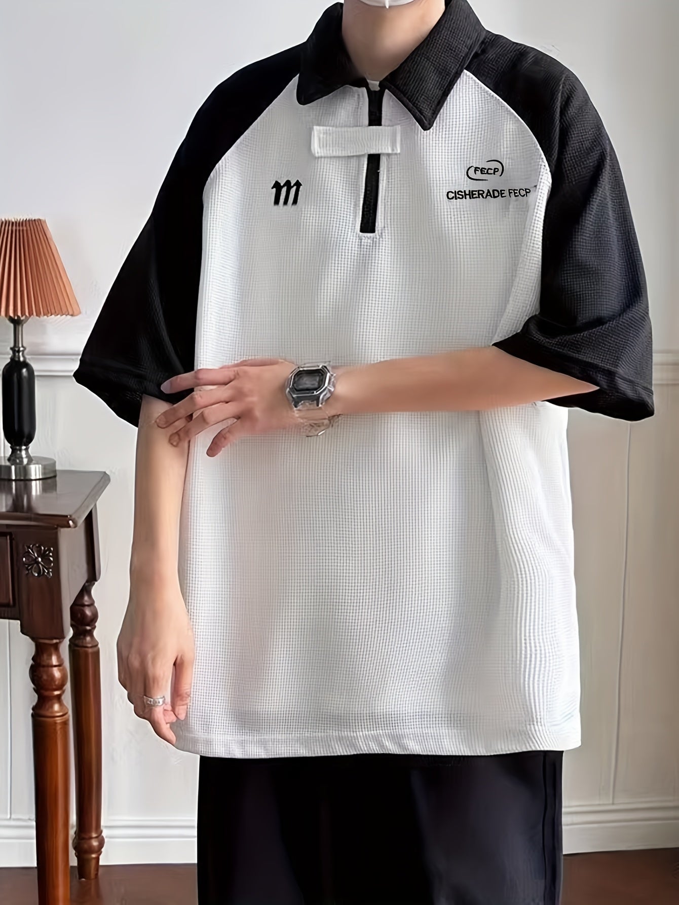 Men'S Casual Color Block T-Shirt - Summer Short Sleeve, Half-Zip, Lapel Collar, Heavyweight Polyester Top