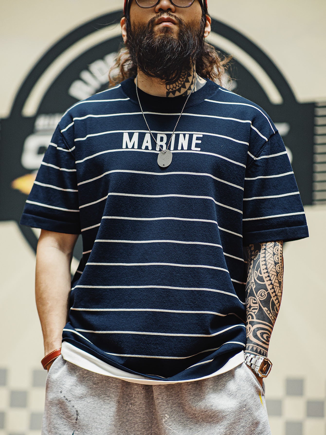 Men'S Vintage-Inspired Navy Blue & White Striped T-Shirt with \