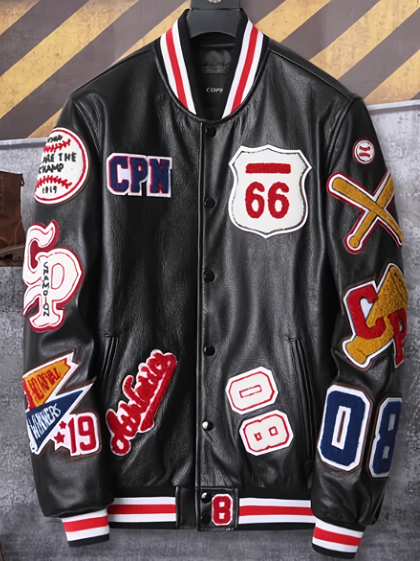 Men'S Embroidered Baseball Jacket, Casual Faux Leather with Polyester Lining, Stand Collar
